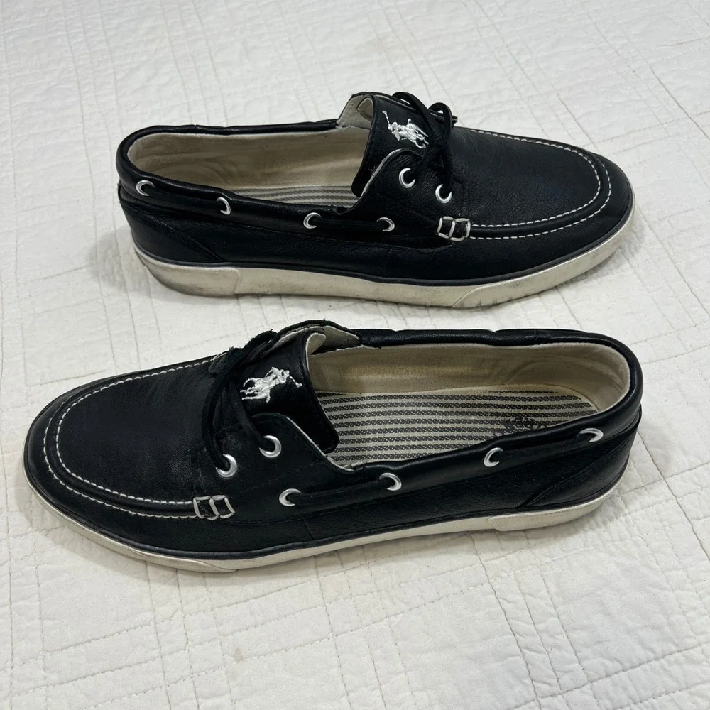 Polo Ralph Lauren Sander Mens Black Leather Boat Shoes Loafers Size 10D 00000859